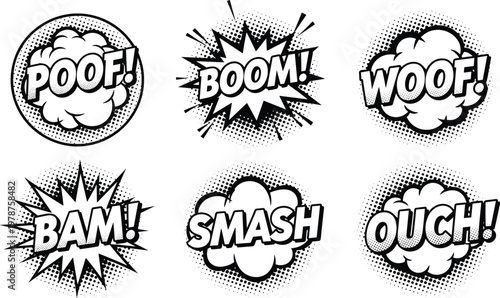 Comic book sound effect bubbles with halftone dots featuring Poof Boom Woof Bam Smash and Ouch onomatopoeia for retro pop art design