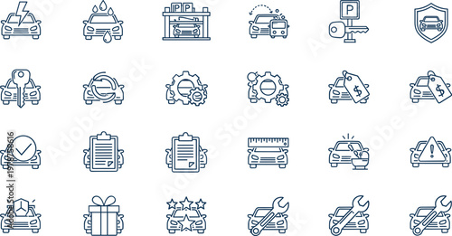 Car Service and Maintenance Icons Set: Vector Illustrations of Vehicle Repairs, Insurance, Keys, Parking, and Service for Automotive Apps and Websites