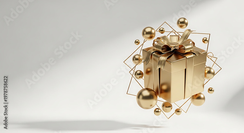 Elegant golden gift box decorated with a silk ribbon and surrounded by floating metallic spheres and geometric frames for celebration. Premium 3D abstract digital art style on light background.