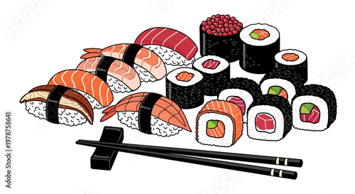 A colorful illustration of assorted sushi.
