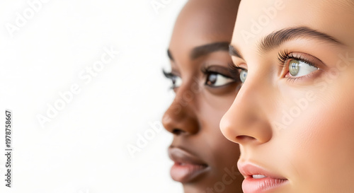 Profile view of two diverse women with different skin tones demonstrating flawless natural skin for high-end skincare and cosmetic advertising on a pure white background. Minimalist studio portrait.