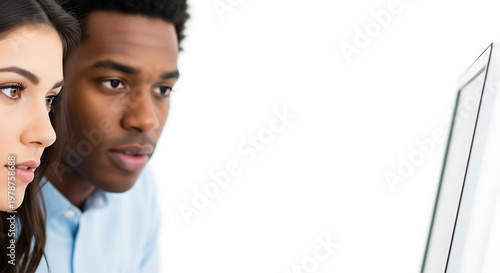 Side view of two professional colleagues looking at a computer screen together while working on a project in a bright office. Modern lifestyle high-key photography style with copy space.