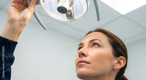 Female dentist in professional uniform adjusting a bright surgical lamp in a modern dental clinic before a procedure. Cinematic healthcare photography with low angle and bright office light.