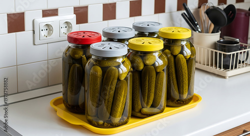 Traditional glass jars of pickled cucumbers with colorful red and yellow plastic lids on a modern white kitchen counter near ceramic tiles, home food preservation, photorealistic still life.