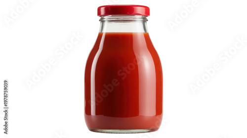 Glass bottle filled with red tomato sauce or ketchup with a red cap on a solid white background