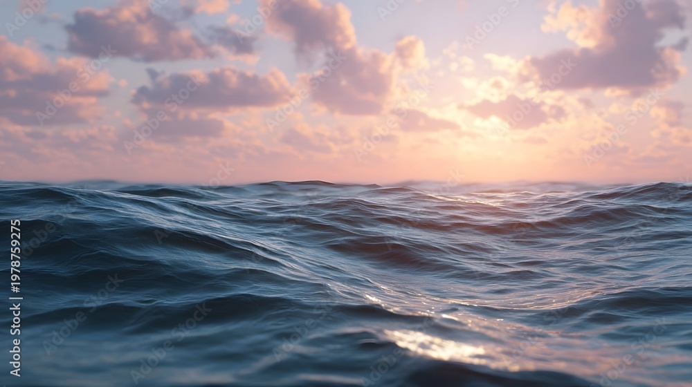Obraz premium Vast seascape view at dawn or dusk featuring calm waves reflecting the warm glow of the colorful sky