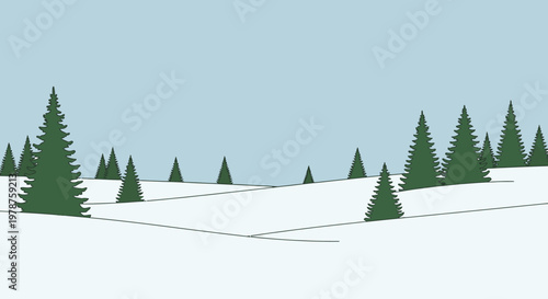 Winter landscape illustration snow covered hills and evergreen trees