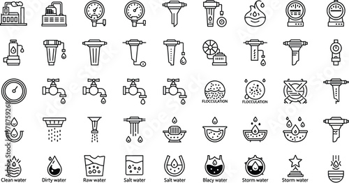 Comprehensive water treatment and plumbing icon set featuring industrial filtration taps gauges and liquid quality symbols for environmental engineering