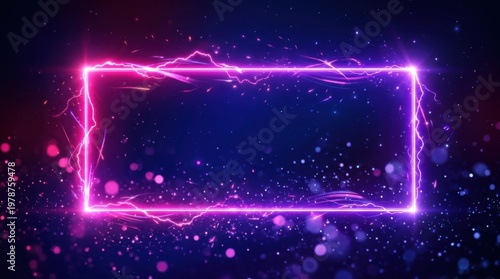 Glowing neon rectangle frame with purple and pink lightning effects on dark blue background with sparkling particles, bokeh lights, and magical energy trails for digital creative design.
