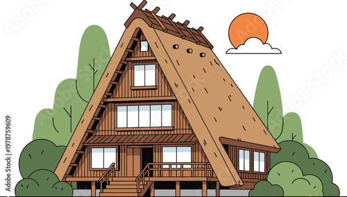 Traditional Japanese Gassho-zukuri farmhouse vector illustration with thatched roof and nature scenery for Japan travel and heritage architecture design