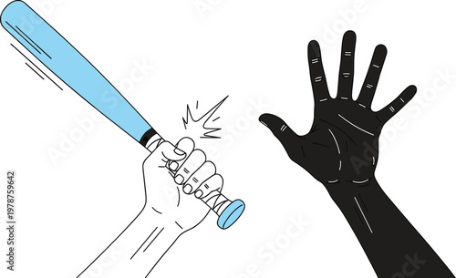 Vector illustration of a hand swinging a baseball bat towards an open hand gesture symbolizing defense protection safety and conflict prevention