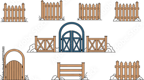 Collection of wooden garden fences and rustic gates with grass and snow elements for backyard landscaping and rural property boundary design