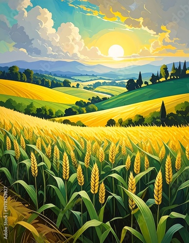 A vibrant rural landscape, golden wheat field dominates foreground, rolling hills stretch toward sunlit sky