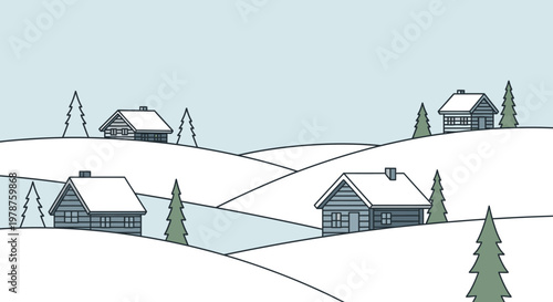 Winter landscape illustration with cabins trees and snow covered hills
