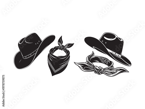 Cowboy hats and bandanas in black silhouette with silhouette illustration clothing accessory