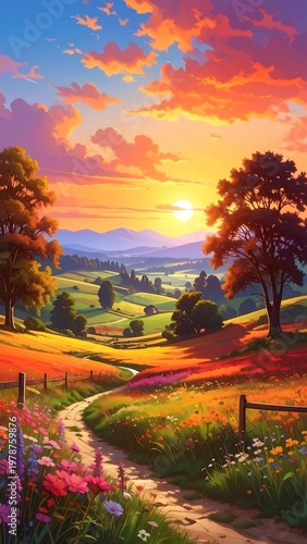 A vibrant rural landscape depicts a sunset over rolling hills, with a winding path leading through flowered fields