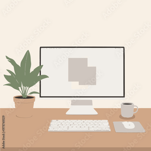 Minimalist Desk Setup with Computer, Keyboard, Mouse, and Coffee Mug