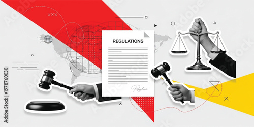 Legal Regulations and Justice Concept with Gavel Scales and Official Document, Law Enforcement, Court System, Compliance Policy, and Judicial Authority Illustration Design