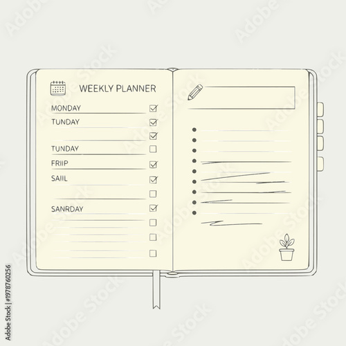 A weekly planner illustration shows an open notebook with a pencil on a plain background for business and lifestyle organization.