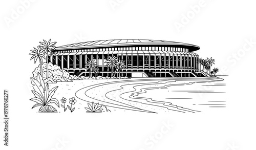 Beachside Stadium with Trees and Flowers – Black and White Line Art Vector