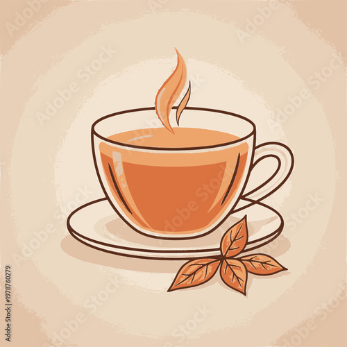 A steaming cup of tea sits on a saucer with leaves.