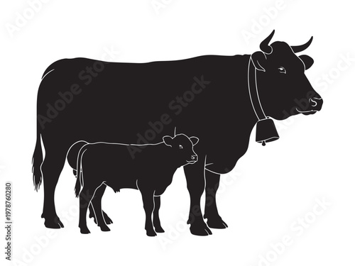 Silhouette illustration of a cow and calf with bell, the cow has horns and a bell around its neck
