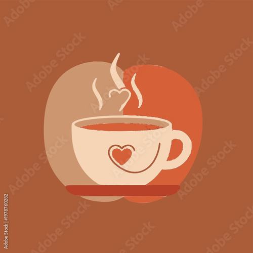 A steaming cup of coffee with a heart design sits on a saucer indoors.