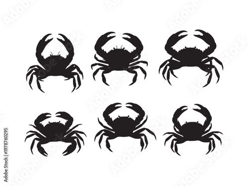 Set of six black silhouette illustrations of crabs with each crab is depicted from the front