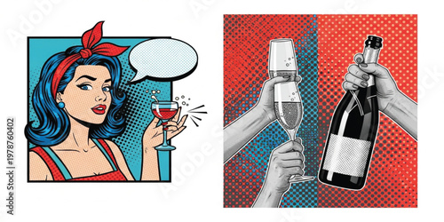 Pop Art Woman Drinking Cocktail and Champagne Celebration Illustration with Retro Comic Style, Halftone Background, Speech Bubble, Party Concept and Vintage Vector Design