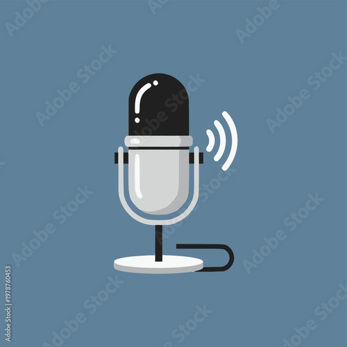 A sleek microphone stands alone on a stand emitting sound waves in a quiet studio setting.