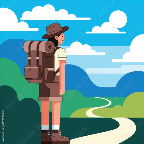 Adventurous hiker with backpack on a winding trail in scenic mountain landscape, summer travel.