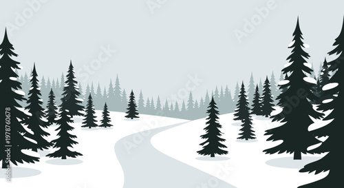 Winter landscape illustration with trees and winding road graphic design