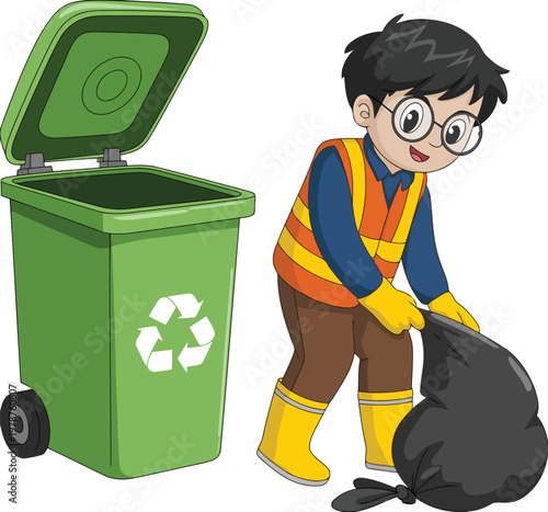 Boy collecting trash with a large green bin vector illustration.