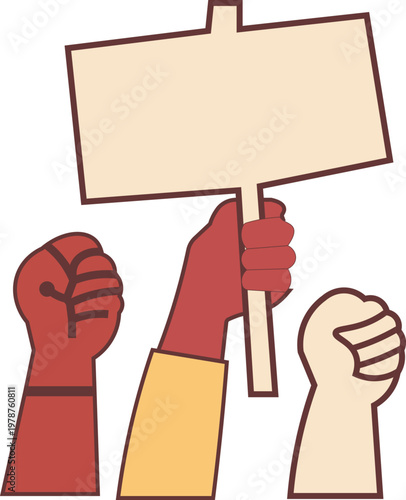 Raised fists holding a blank sign symbolizing protest and solidarity