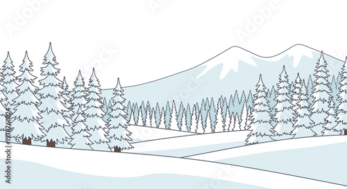 Winter landscape scene illustration snow covered fir trees and mountain vector