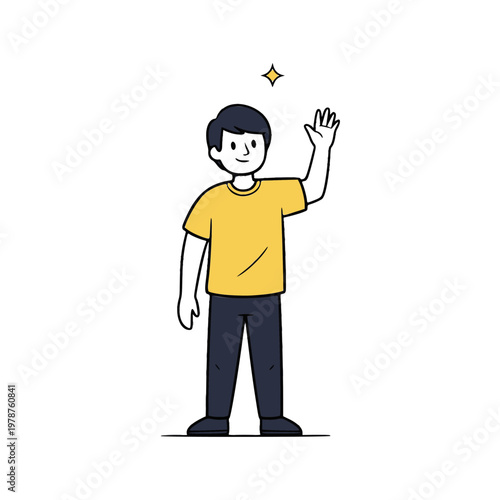 A man wearing a yellow shirt waves his hand with a sparkle above him in a graphic illustration.