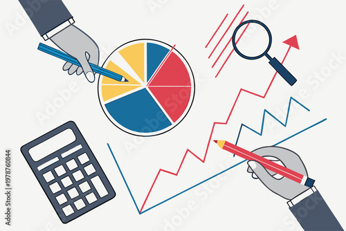 Hands analyzing business data and financial charts with calculator and magnifying glass, concept of growth and audit.