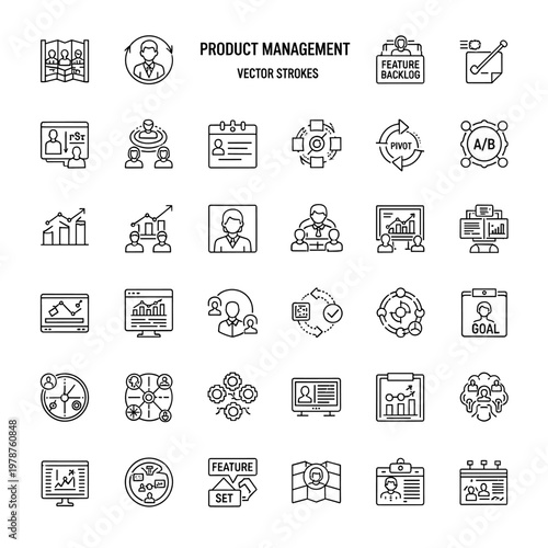 A comprehensive set of product management vector icons illustrating various stages and concepts like strategy, development, analytics, and team collaboration.