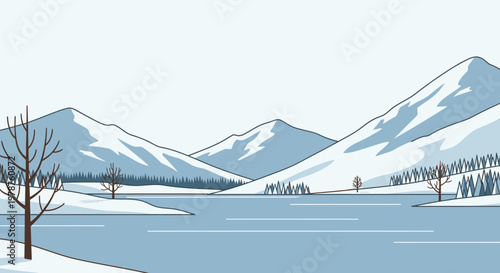 Winter landscape scene illustration snow covered mountains and lake
