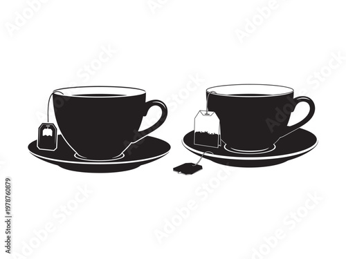 Two black silhouette illustrations of tea cups with tea bags hot drink beverage infusion