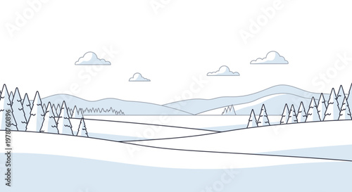Winter landscape scene illustration with snowy hills and minimalist design