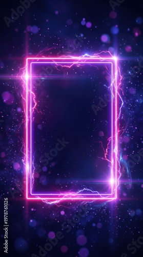Vertical glowing pink and blue neon lightning frame on dark background with sparkles and particle effects; futuristic electric energy border for mobile cyber tech, gaming, and digital concept.