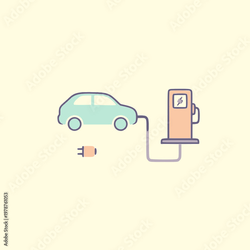 An electric car charges at a modern charging station with a cable.