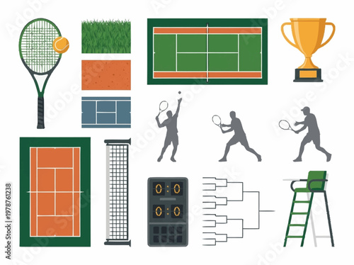 Collection of tennis-related icons and illustrations, including courts, players, equipment, and tournament brackets.