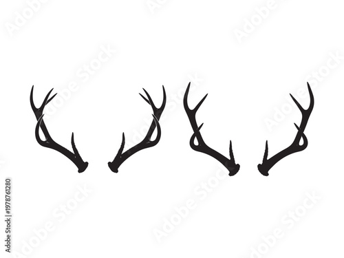Set of four deer antler silhouettes on white background with silhouette wildlife illustration