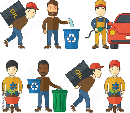 Men recycling oil barrels and planting vector illustration.