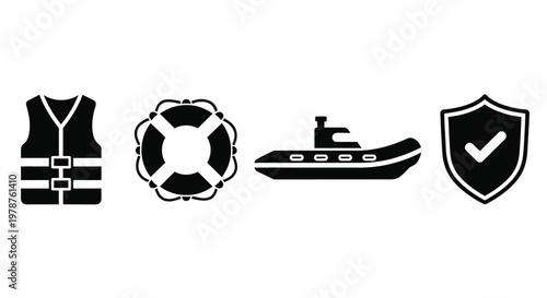 Water Safety Life Jacket Lifebuoy Rescue Boat Shield Vector Icons Set