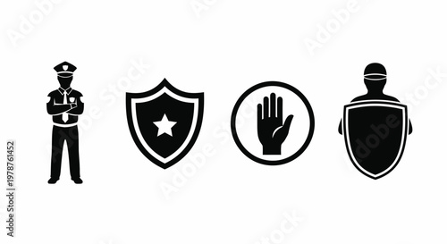 Police Officer Security Guard Badge Shield Stop Hand Vector Icons Set