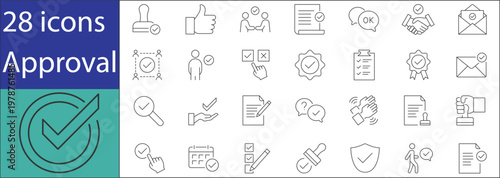 Approval icons set with check marks, verified badges, document approval, quality control, and confirmation symbols in modern line style.