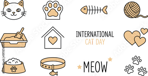 International cat day icon set with cat-related items and symbols cat face paw print litter box food bowl yarn ball fish skeleton illustration celebration domestic companion adorable